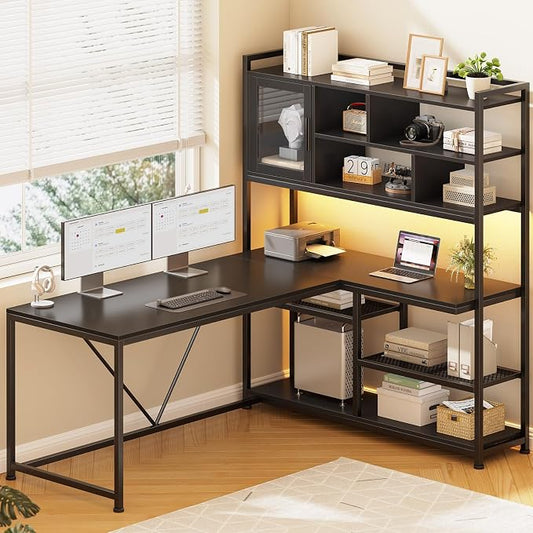 SEDETA L Shaped Computer Desk, 58'' Office Desk with LED Light and Bookshelf, L Shaped Corner Desk with Storage Shelves for Home Office, Gaming Desk, L Desk, Black