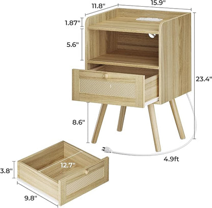 SUPERJARE Nightstand with Charging Station & Rattan-Like Decor Drawer, Rattan End Table with Solid Wood Feet, Bed Side Table with Open Storage, for Bedroom, Living Room, Dormitory - Natural