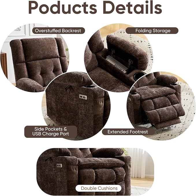 Oversized Power Recliner Chair for Elderly with Massage and Heat, Dual Motor Lay Flat Recliner with Arm Storage，Lift Chair for Big Tall, Infinite Position,Extended Footrest, Lving Room, Coffee