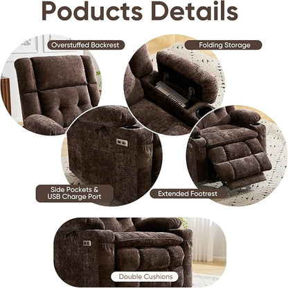 Oversized Power Recliner Chair for Elderly with Massage and Heat, Dual Motor Lay Flat Recliner with Arm Storage，Lift Chair for Big Tall, Infinite Position,Extended Footrest, Lving Room, Coffee