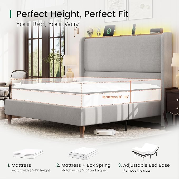 LARMACE Queen Size Bed Frame with LED Lights and Charging Station Linen Upholstered Platform Bed Frame with 51.2" Tall Wingback Headboard and Storage Shelf, No Box Spring Needed, Easy Assembly, Grey