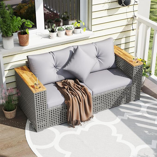 Tangkula 62.5" Large Patio Wicker Loveseat with Acacia Wood Armrests & Cup Holders, Outdoor 2-Piece Rattan Corner Sofa with Cushions, Sectional Conversation Set for Garden Backyard Porch Balcony, Grey