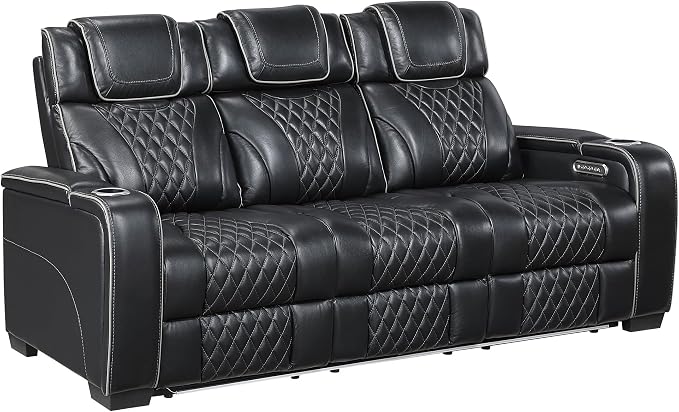 Lexicon Power Double Reclining Sofa, Center Drop-Down Table with Heat/Massage/Headrest/Storage Arms/Cup Holders/LED Lights/Wireless Charging, Top Grain Leather Match Wall Hugger Recliner Sofa, Black