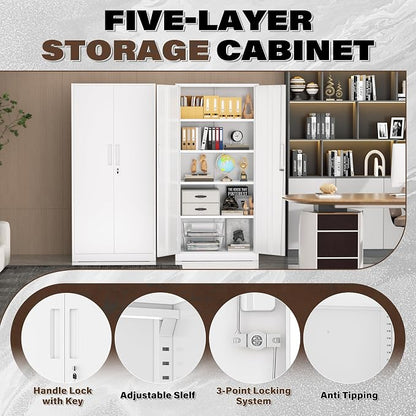Incbruce 72” Metal Storage Cabinet, Locking Tall Steel Storage Cabinet with 2 Doors and 4 Adjustable Shelves for Garage, Home, Office (White)
