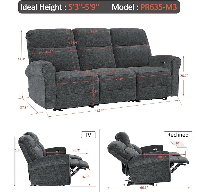 MCombo 87.8" Wall Hugger Power Reclining Sofa with Drop Down Table, 3-Seater Recliner Couch for Small Spaces Living Room RV, USB Ports, Fabric PR635M3 (Dark Grey)