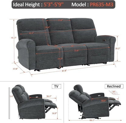 MCombo 87.8" Wall Hugger Power Reclining Sofa with Drop Down Table, 3-Seater Recliner Couch for Small Spaces Living Room RV, USB Ports, Fabric PR635M3 (Dark Grey)