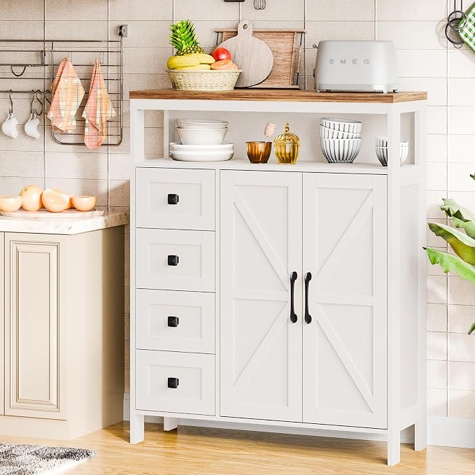 Vabches Farmhouse Storage Cabinet with 2 Doors and 4 Drawers, Freestanding Bathroom Storage Cabinets, Kitchen Pantry Cabinet, Floor Hutch Cupboard for Kitchen/Living Room/Bathroom(Unique White).