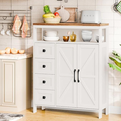 Vabches Farmhouse Storage Cabinet with 2 Doors and 4 Drawers, Freestanding Bathroom Storage Cabinets, Kitchen Pantry Cabinet, Floor Hutch Cupboard for Kitchen/Living Room/Bathroom(Unique White).