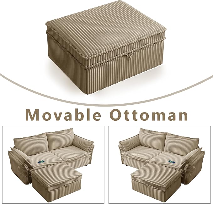 85'' Sofa Bed Full Size, Tool-Free Assembly, 3 in 1 Convertable Sleeper Sofa, Corduroy Couches with Pull Out Bed, USB & Storage, Modern Loveseat for Small Space, Living Room, Corduroy Camel