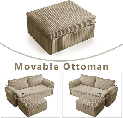 85'' Sofa Bed Full Size, Tool-Free Assembly, 3 in 1 Convertable Sleeper Sofa, Corduroy Couches with Pull Out Bed, USB & Storage, Modern Loveseat for Small Space, Living Room, Corduroy Camel