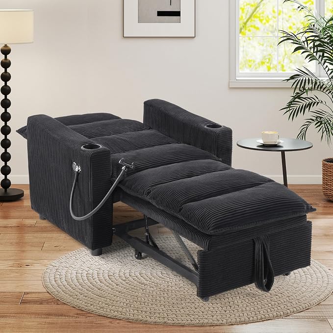 HAOMARKETS Corduroy Sleeper Sofa Bed with 2 Cup Holders, 3-in-1 Convertible Pullout Futon Couch with Phone Holder&USB Charge Port, Single Chair with 3-Level Adjustable Backrest for Living Room