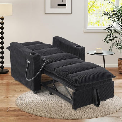 HAOMARKETS Corduroy Sleeper Sofa Bed with 2 Cup Holders, 3-in-1 Convertible Pullout Futon Couch with Phone Holder&USB Charge Port, Single Chair with 3-Level Adjustable Backrest for Living Room