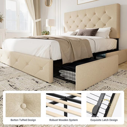 Allewie Upholstered Queen Size Platform Bed Frame with 4 Storage Drawers and Headboard, Diamond Stitched Button Tufted, Mattress Foundation with Wooden Slats Support, No Box Spring Needed, Beige