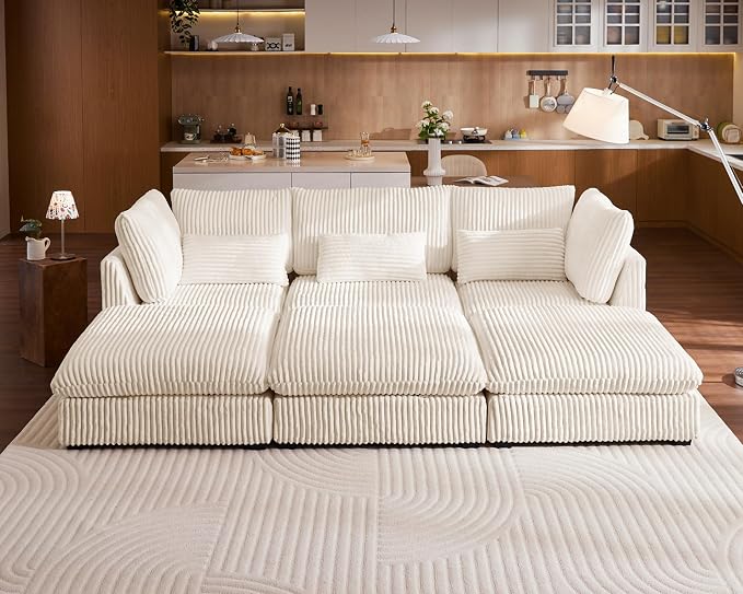 115" Oversized Corduroy Couch Modular Sectional Sofa, Washable Cloud Couch Sectional with 3 Ottoman, 6 Seater Sectional Couches for Living Room, Fully Cover Removable, Sleeper Sofa, Corduroy, White