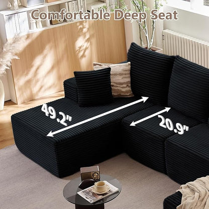 135" Modular Sectional Sofa with U Shaped Chaise, Upholstered Couches for Living Room with Deep Seat, No Assembly Required, Corduroy Cloud Couches, Black (Left-Facing Chaise