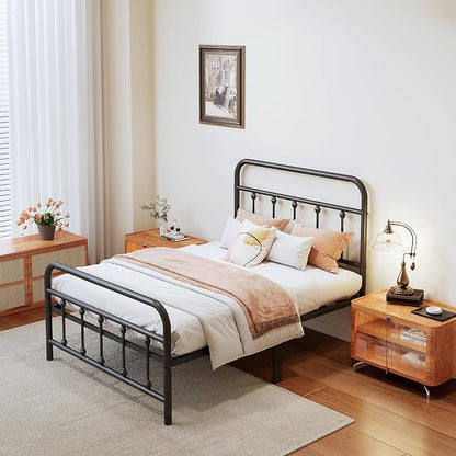 Vengarus Twin Metal Bed Frame with Victorian Headboard & Footboard, Black | 14" Twin Metal Platform Frame, Heavy Duty Steel Slat Support, Noise Free, No Box Spring Needed, Easy Disassembly & Transport