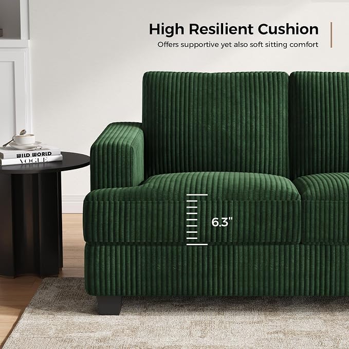 COPIAE 89 Inch Sofa with Extra Deep Seats Oversize, 3 Seater Sofa for Living Room, Modern Couch and Sofa, Comfy Armrests and Seats and Backrests, Easy Installation,Wide Corduroy Fabric Dark Green