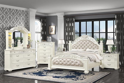 First of a Kind Platinum Traditional 5 Piece King Bedroom Set with Upholstered Tufted Headboard Elegant European Inspired Design Coordinated Furniture Collection, White