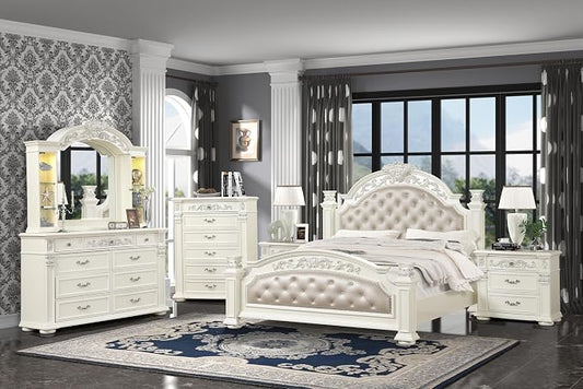 First of a Kind Platinum Traditional 5 Piece King Bedroom Set with Upholstered Tufted Headboard Elegant European Inspired Design Coordinated Furniture Collection, White