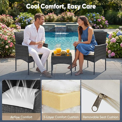 DUMOS 3 Piece Patio Furniture Set, All-Weather Outdoor Wicker Chairs with Removable Cushions & Tempered Glass Table, Small Bistro Set for Porch, Balcony, Lawn, Backyard Black