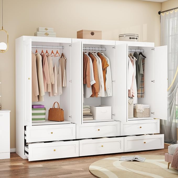 Wooden Wardrobe Closet with Doors: 75" Tall White Armoire Wardrobe Closet with 6 Drawers and 6 Doors, Modern Clothes Cabinets for Bedroom Armoires with Hanging Rod (6-Drawers, 94.5")