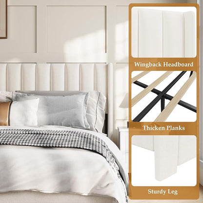 IDEALHOUSE King Bed Frame with Wingback Headboard, Velvet Upholstered Platform Bed with 2 Storage Drawers, Vertical Tufted Headboard Design, Wooden Slats Support, No Box Spring Needed, Beige
