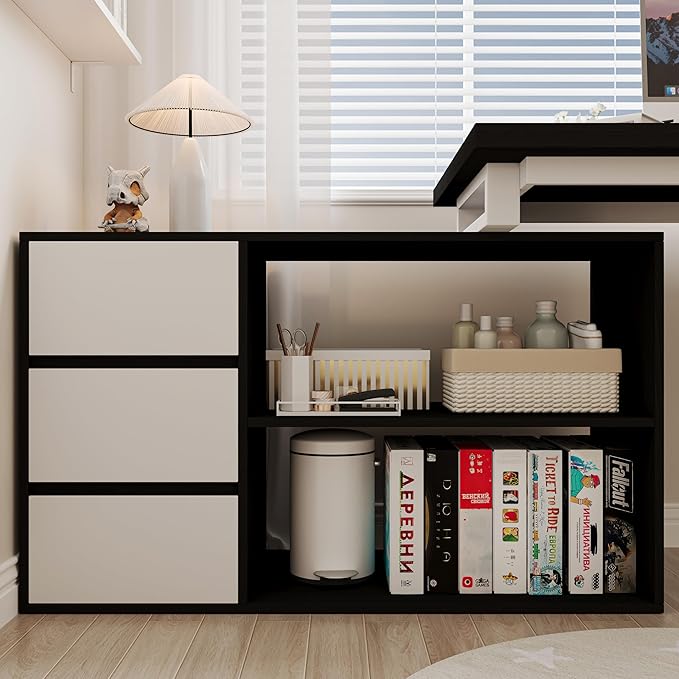 Bobve L Shaped Computer Desk, 47 Inch Home Office Desk with File Drawers & Storage Shelves, Small Corner Computer Desk for Small Space (Black + White)