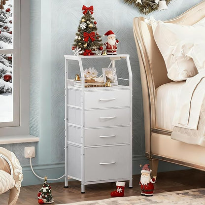 WLIVE Night Stand with Charger Station, White Nightstand with LED Light and 4 Storage Drawers, Tall Dresser for Bedroom, 37.48" H Bedside Table with Fabric Bins, Wood Shelf