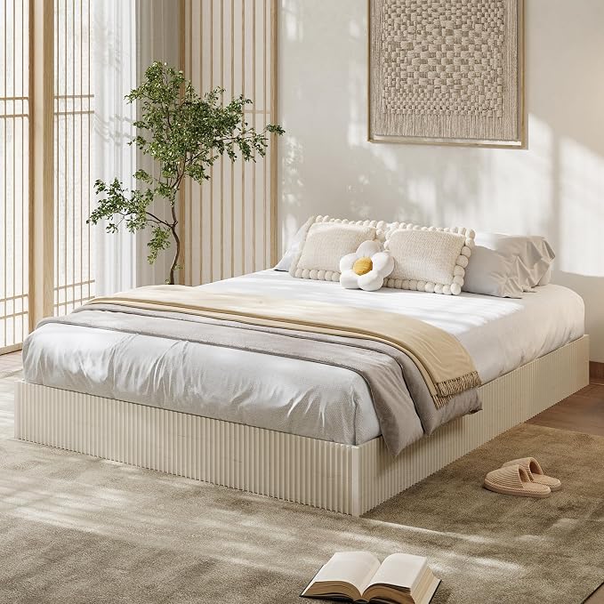 Garvee Full Bed Frame, Wood Platform Bed with Fluted Design, Low Profile BedFrame, Minimalist Bed Base with Noise-Free, Easy Assembly, No Box Spring Needed, Cream