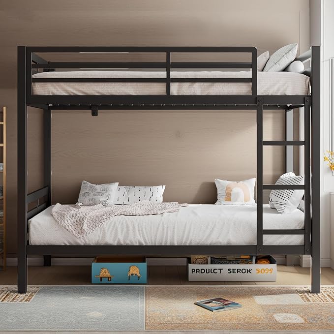 Bunk Bed Twin Over Twin, Heavy Duty Metal Bunkbeds with Full-Length Guardrail, Space-Saving Steel Bed for Kids & Adults, No Box Spring Required, Black