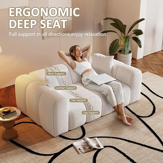 WHGBJA 70" Cloud Couch with Armset, Loveseat White Couch, Reclining | Chenille Fabric Sleeper Sofa, Recliner Couch Bed for Bedroom/Living Room, 2-3 Seater