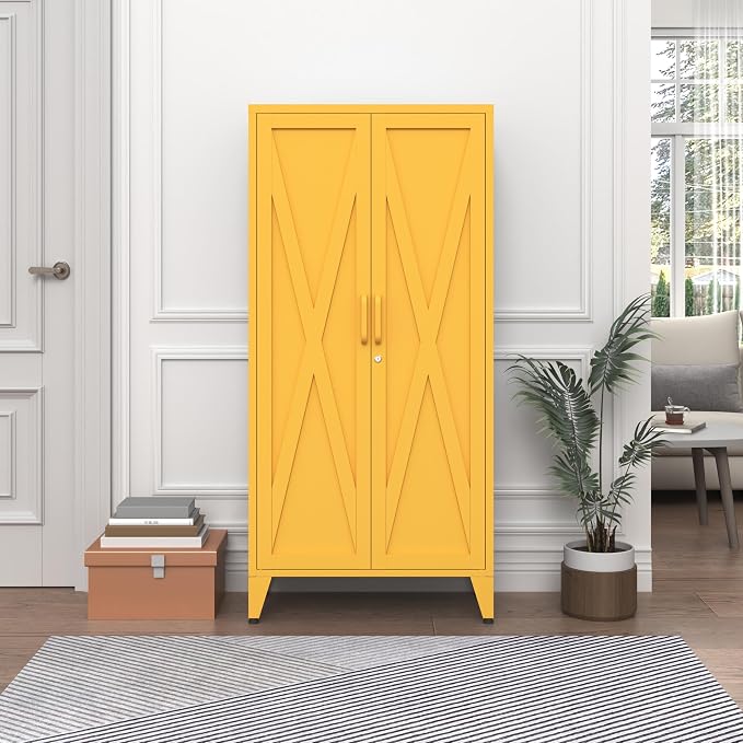 X-Shaped Door Kitchen Pantry Cabinets with Lockable and Adjustable partitions Metal Storage Cabinet 61" H Metal Pantry Cabinetfor Cupboard/Dining Room/Bathroom/Living Room/Office/Laundry Room