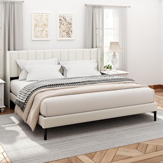 Sismplly King Size Bed Frame and Headboard,Vertical Channel Tufted Wingback No Box Spring Needed, Mattress Foundation, Easy Assembly White