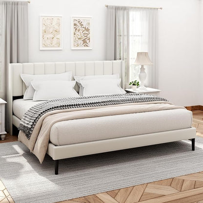 Sismplly King Size Bed Frame and Headboard,Vertical Channel Tufted Wingback No Box Spring Needed, Mattress Foundation, Easy Assembly White