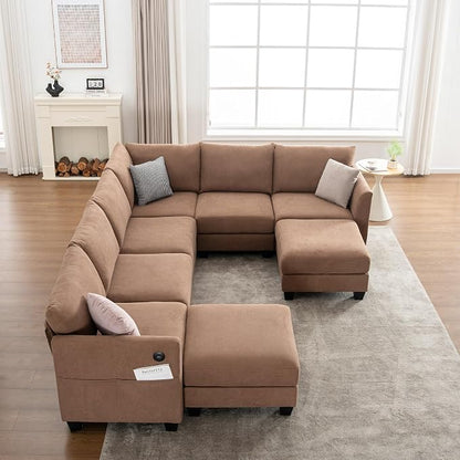 122.8" Large Sectional Couches for Living Room, 6 Seater L Shaped Modular Sectional Sofa with Two Storage Ottomans & USB, Oversized Corner Couch for Living Room（Brown）