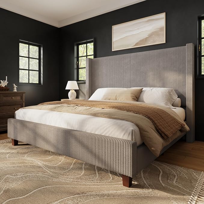 HOWE California King Size Bed Frame with Corduroy Wingback Headboard, Taupe | Modern Upholstered Platform Bed, 50.8 Inch Tall Profile, Solid Wood Slats, No Box Spring Needed, Noise-Reducing Designrt