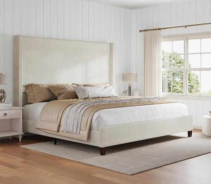 HOWE Queen Size Bed Frame with 61.4" Extra Tall Headboard, Corduroy Upholstered Bed with Vertical Wingback Headboard, No Box Spring Needed/Noise Free/Solid Wood Slats & Legs/Cream