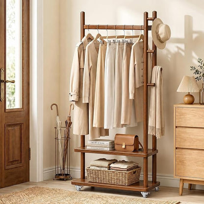 Solid Wood Coat Rack Freestanding, Coat Rack Stand with 2 Shelves & 4 Hooks, Coat Tree for Entryway, Hallway, Bedroom, Living Room, Office - Clothing Rack for Coats, Hats, Bags (Walnut-L-Wheel)