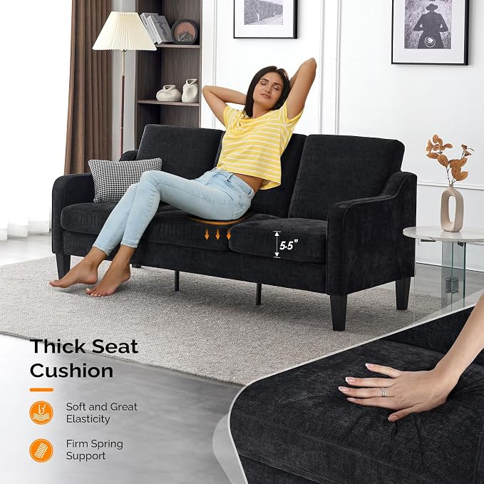 VINGLI Black Couches for Living Room, 71" Small Couch Comfy 3 Seater Upholstered Chenille Sofa Mid-Century Modern Floor Sofas for Small Spaces, Bedroom, Apartment, Lounge, Office