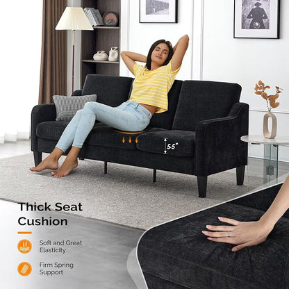 VINGLI Black Couches for Living Room, 71" Small Couch Comfy 3 Seater Upholstered Chenille Sofa Mid-Century Modern Floor Sofas for Small Spaces, Bedroom, Apartment, Lounge, Office