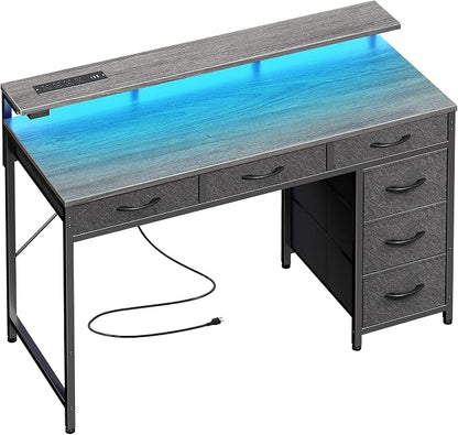 Huuger Gaming Desk with 6 Drawers, Computer Desk with LED Lights Power Outlets and Type-C, 39 Inch Office Desk with Storage, Monitor Stand, Writing & Work Desk for Home Office, Bedroom, Grey, 1CD100H