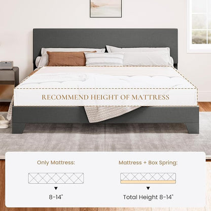 SHA CERLIN Linen Upholstered King Size Bed Frame with Headboard, Dark Gray | Adjustable Low-Profile Platform Bed, Minimalist Design, Stable Mattress Foundation, Strong Back-Support, No Box Spring Needed