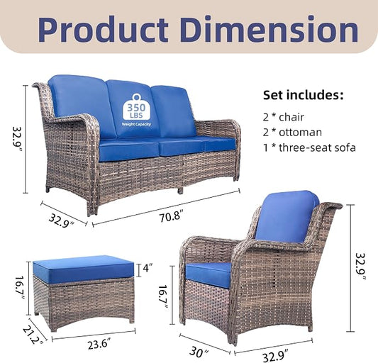 Outdoor Patio Furniture Set, 33" High Back Chairs with 4" Thick Cushions, 5 Pieces Outdoor Seating Furniture, Sectional Sofa Set with 2 Chairs, 2 Ottomans and 1 Sofa for Porch Deck Garden, Blue