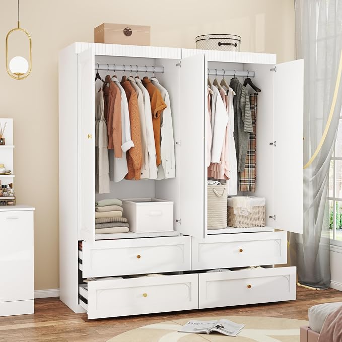 Wooden Wardrobe Closet with Doors: 75" Tall White Armoire Wardrobe Closet with 4 Drawers and 4 Doors, Modern Clothes Cabinets for Bedroom Armoires with Hanging Rod (4-Drawers, 63")