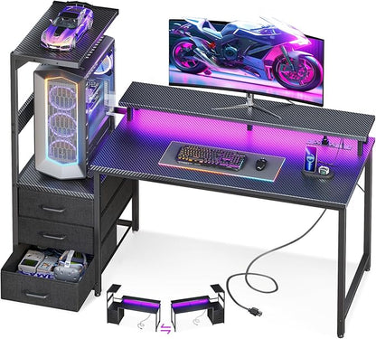 AODK 52 Inch Gaming Desk with USB Charging Ports & LED Light- Reversible Computer Desk with Storage Shelves & Monitor Stand, Modern Gamer Desk Table with Fabric Drawers, Black