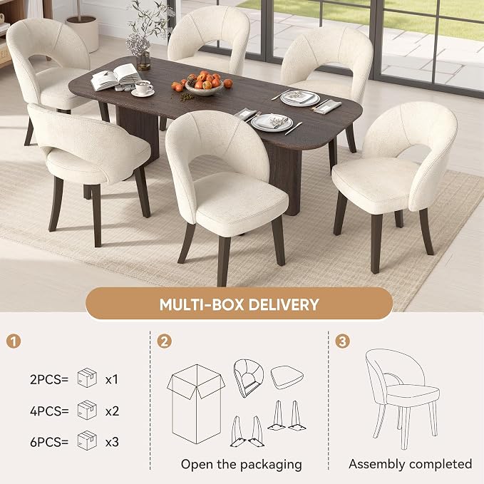 Dining Chairs Set of 6, Mid Century Modern Dining Chairs with Solid Wood Legs, Curved Back Kitchen Chair Farmhouse Side Upholstered Chairs for Kitchen Dining Room, White