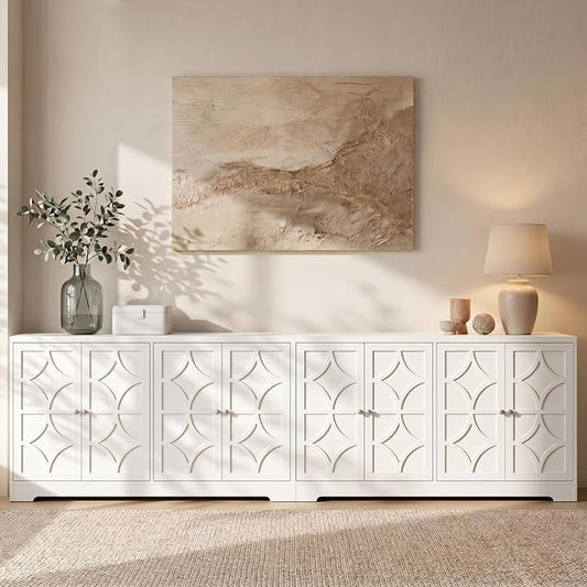 RoyalCraft 112'' Buffet Cabinet with Storage, Modern Sideboard with 4 Carved Doors, Large Wood Coffee Bar Console Table for Kitchen, Dining Room, Entryway, Living Room, Satin White