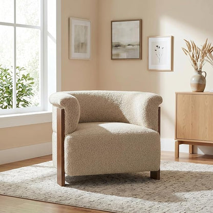 Merax 31.7" Mid-Century Teddy Fleece Barrel Accent Chair, Brown | Brown Teddy Fleece Upholstered Armchair, Modern Wraparound Lounge Chair for Living Room, Bedroom, Entryway