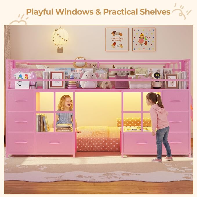 BTHFST Low Bunk Bed Twin Over Twin with 8 Fabric Drawers & Bookshelf, Twin Bunk Beds with RGB LED Lights, Windows, Metal Bunk Beds for Kids with Slanted Ladder & Safety Guardrails, Space Saving, Pink