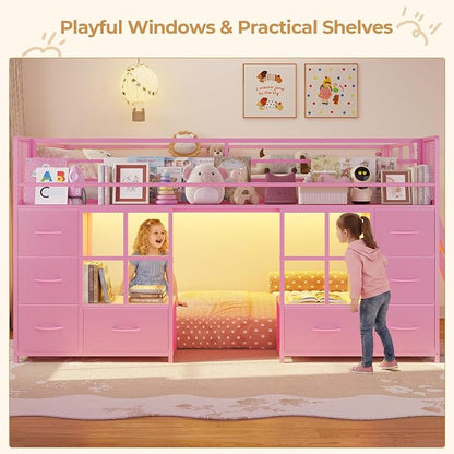 BTHFST Low Bunk Bed Twin Over Twin with 8 Fabric Drawers & Bookshelf, Twin Bunk Beds with RGB LED Lights, Windows, Metal Bunk Beds for Kids with Slanted Ladder & Safety Guardrails, Space Saving, Pink